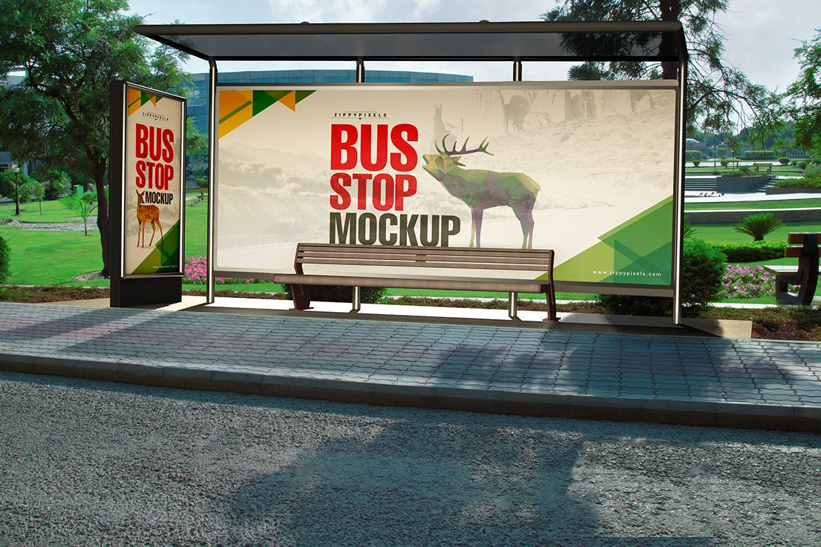 高品质的公交站牌巴士车站广告vi样机展示模型mockups