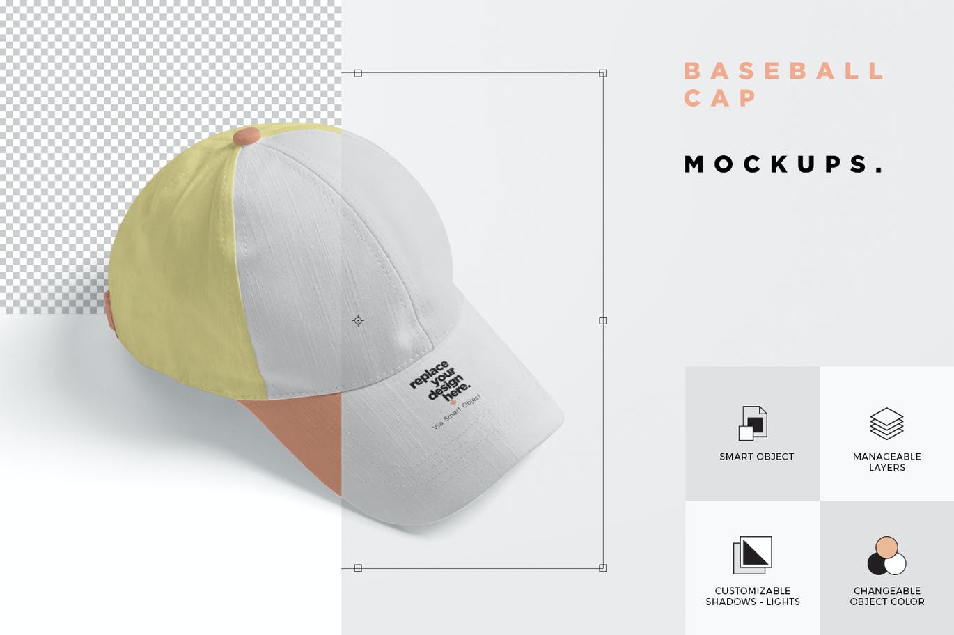逼真质感的高品质棒球帽鸭舌帽帽子vi样机展示模型mockups