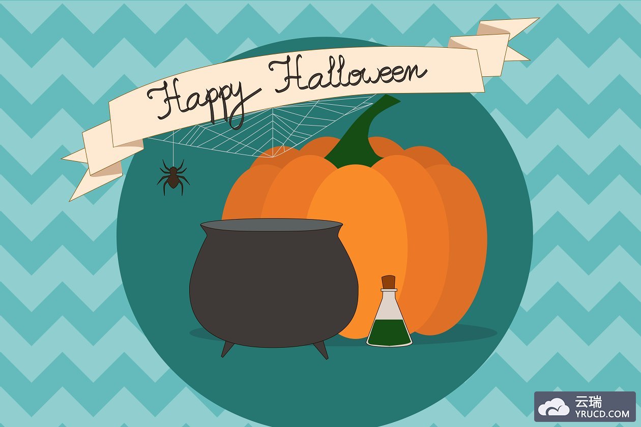 万圣节南瓜插画 pumpkin,kettle on blue background
