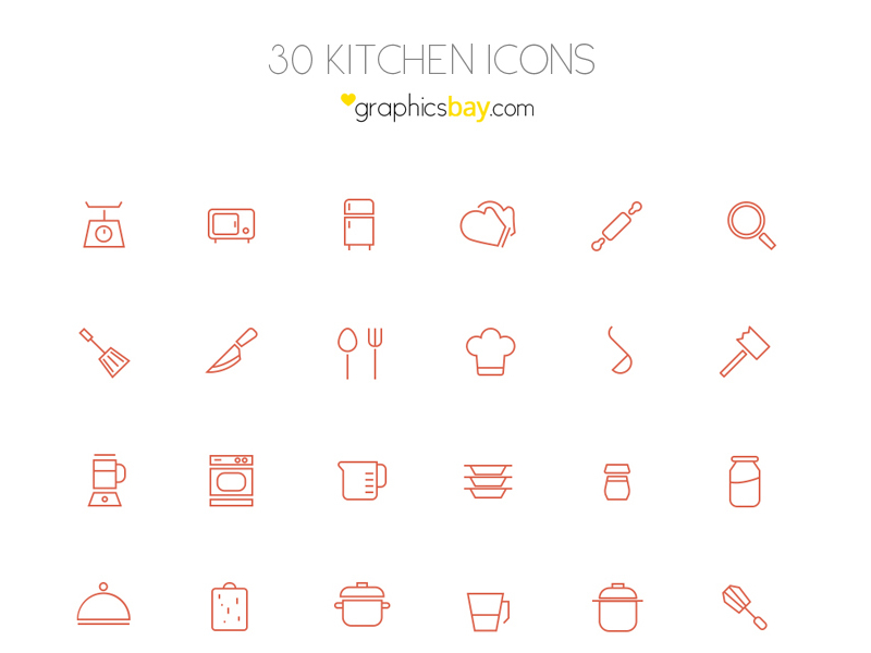 30 kitchen icons in AI and PSD by Graphics Bay Team in 38 Fresh and Modern Icon Sets