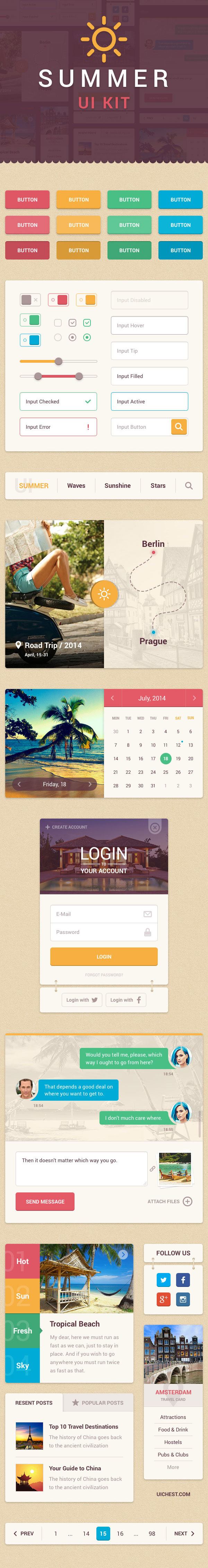 summer暑假旅行风格的手机APP界面PSD套装下载
