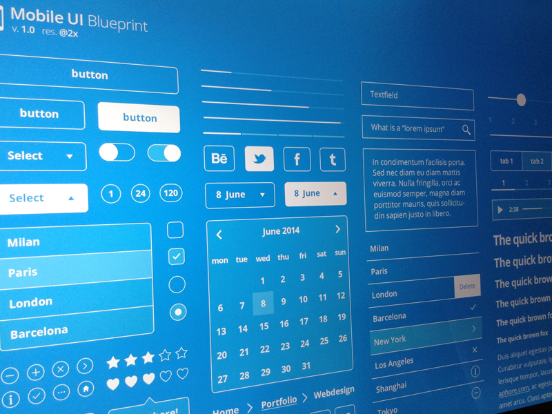 Mobile UI Blueprint by Lorenzo Buosi in 9月的扁平化手机APP UI工具包套装PSD文件下载