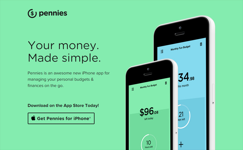 Pennies for iPhone in 为您准备的35个新鲜的单页网站设计灵感欣赏