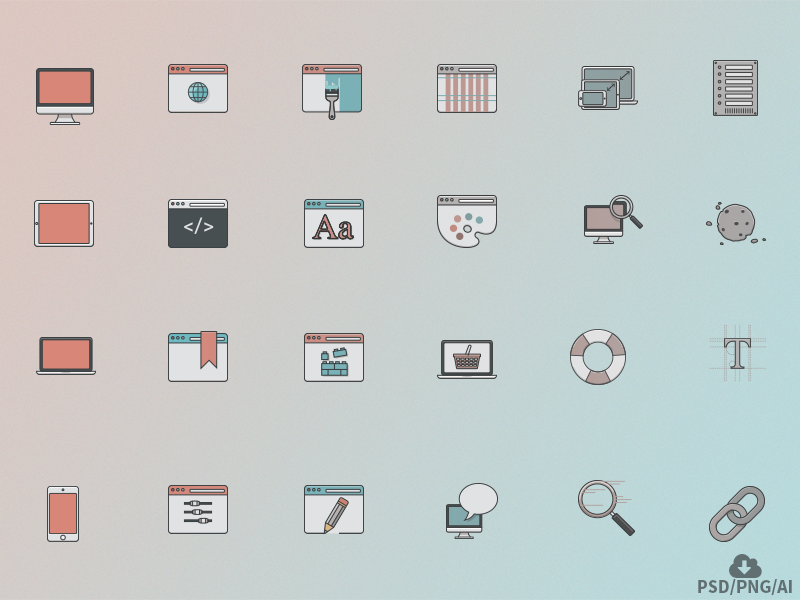 Free Web Design Icon Set by Oxygenna in 2014年10月的28个免费扁平化图标合集