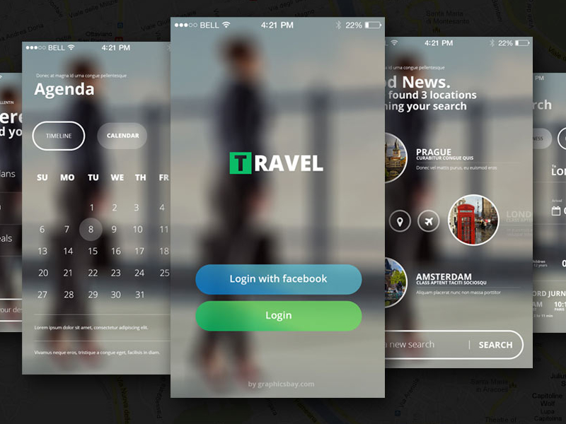 Free PSD Travel App by Graphics Bay Team in2014年11月最新的手机app界面ui套装psd下载