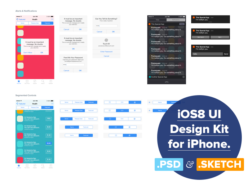 iOS 8 UI Design Kit for Free by Adam Zielonko in 2014年12月新出炉的ui套装源文件下载