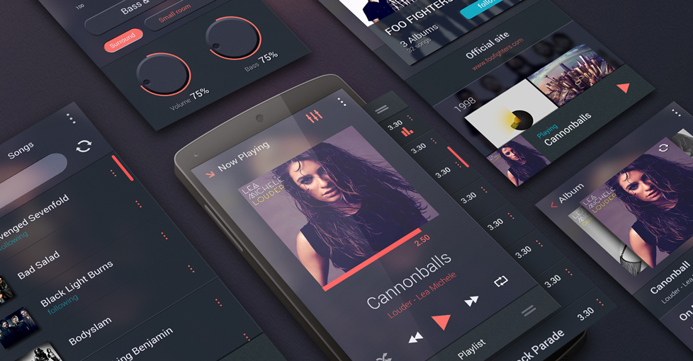 Free Music Player UI Kit for Android by Morphosis in 20个扁平化的UI套装PSD打包下载