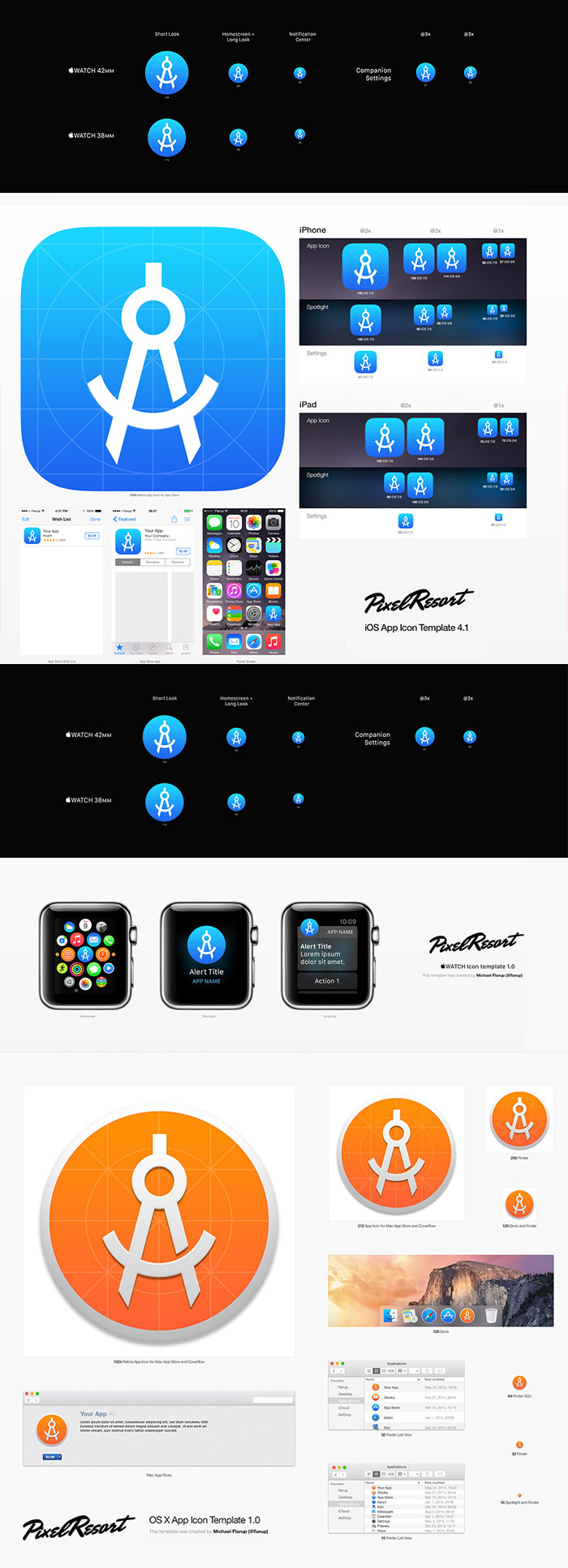 APP图标自动设计模版PSD下载（IOS8、AppleWatch、OS X和iPad的图标）