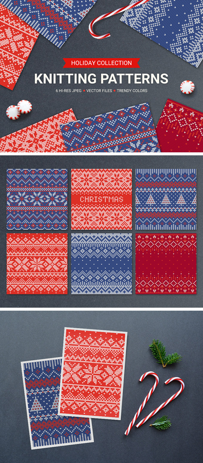 6 Knitting Seamless Patterns 圣诞针织衫图案设计效果ai矢量源文件下载