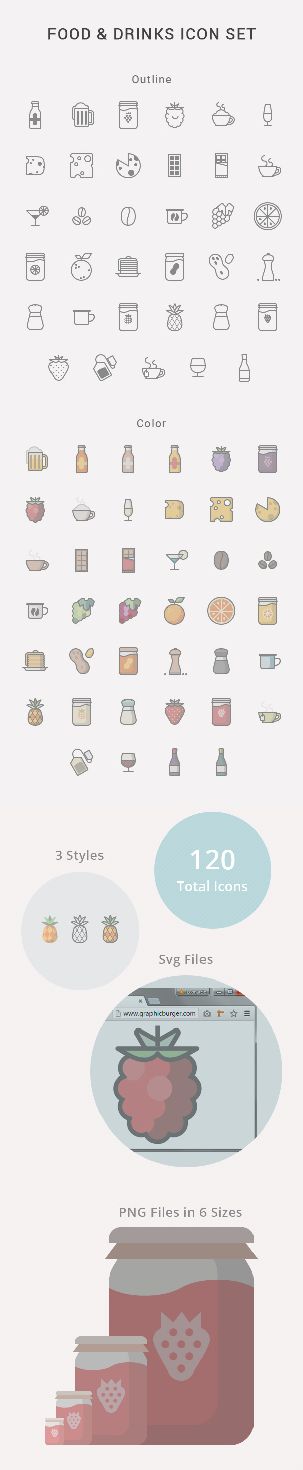 120个新鲜的食物和饮料图标打包下载［扁平化描边风格］