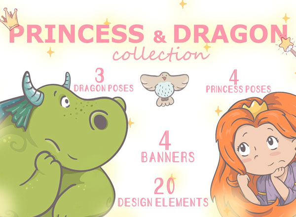 公主和龙的卡通素材免费下载[高清图,PNG]