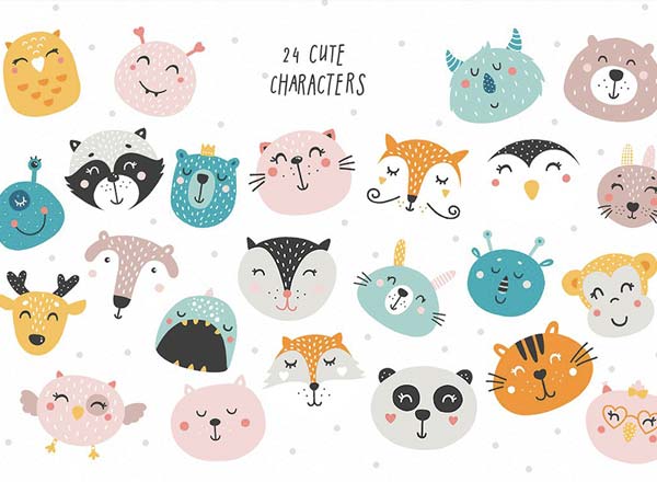 24个可爱的动物笑脸图案合集下载[EPS,免费]