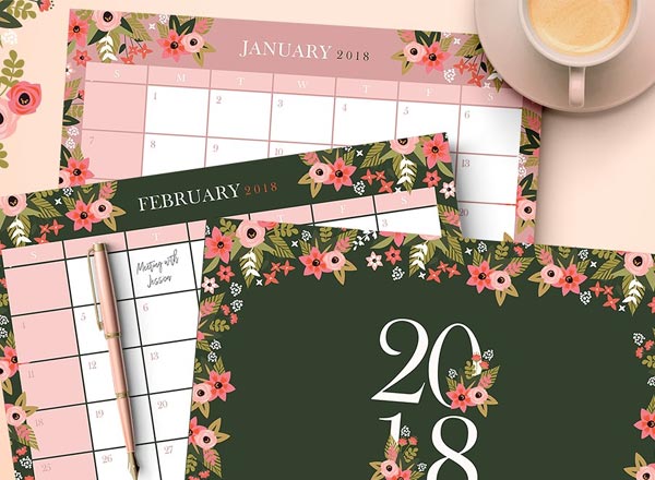 带有计划表的唯美花卉优雅2018年日历模板下载