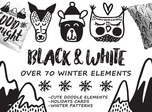 手绘风格的黑白冬季圣诞素材&无缝背景图案集合