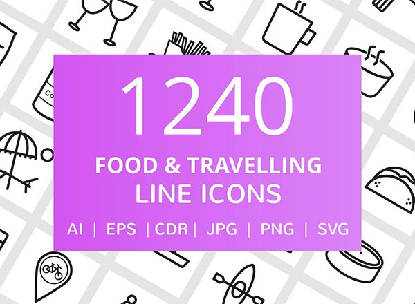 1240个食物＆旅行线图标APP UI KITS ICON（AI，CDR，EPS，JPG，PNG，SVG）