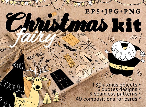 130+舒适的手绘矢量物件童话圣诞节套件（EPS/PNG）
