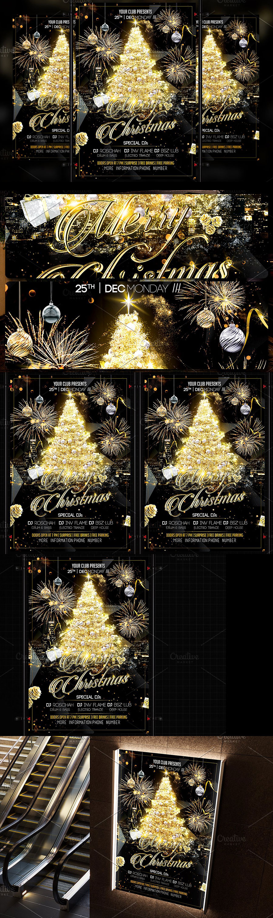 高品质的黑金色圣诞节广告海报模版[PSD]