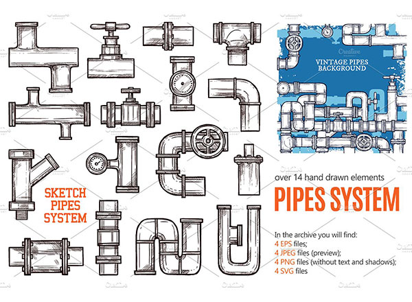 手绘矢量素描风格的管道系统的集合