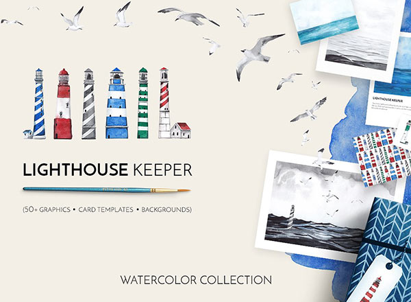 独特的图形海洋灯塔与海鸟海鸥手绘水彩画风格元素大集合