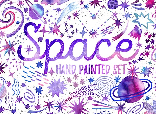 梦幻般的2018流行色手绘水彩宇宙空间银河系插画元素