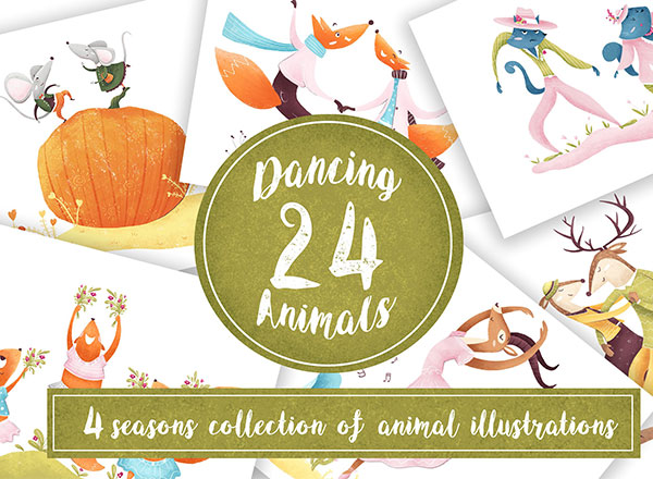 手绘水彩风格的卡通跳舞动物的高品质图集合