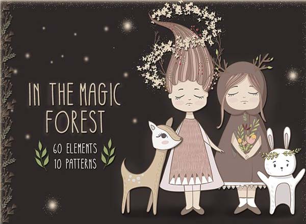 可爱的魔法森林风格插图