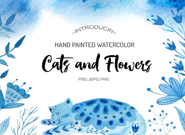 手绘可爱水彩猫咪和献花素材大集合