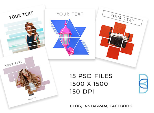 15个几何图形剪切的社交媒体图片分享设计模板[psd]