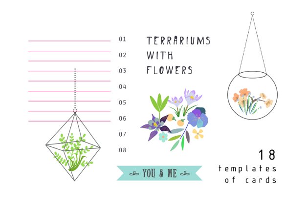 浪漫的花卉矢量插画 Terrariums+Flowers romantic set