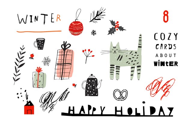 可爱的冬季圣诞节元素插画 Cozy cards about winter + Bonus