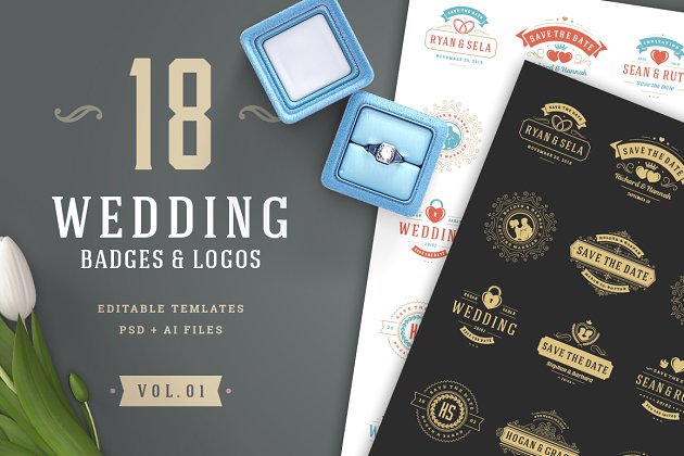 婚礼logo元素模板 18 Wedding Logos and Badges