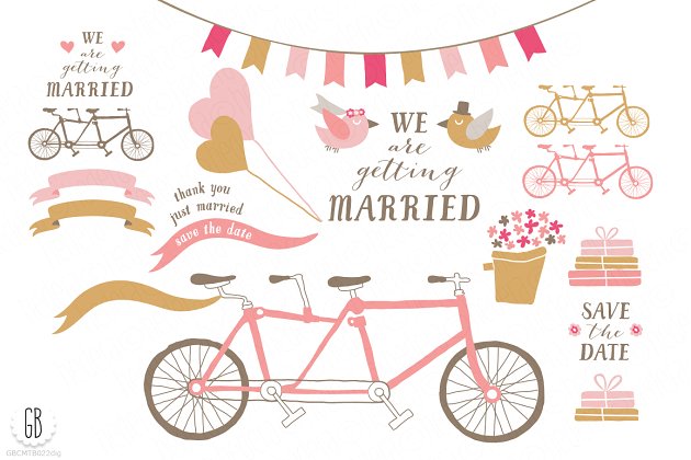 粉金色水彩婚礼自行车插画 Tandem bicycle, wedding pink gold