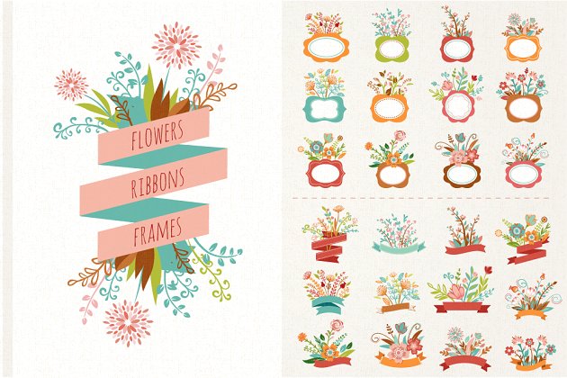 带丝带的花卉框架插画 Flowers with ribbons & frames