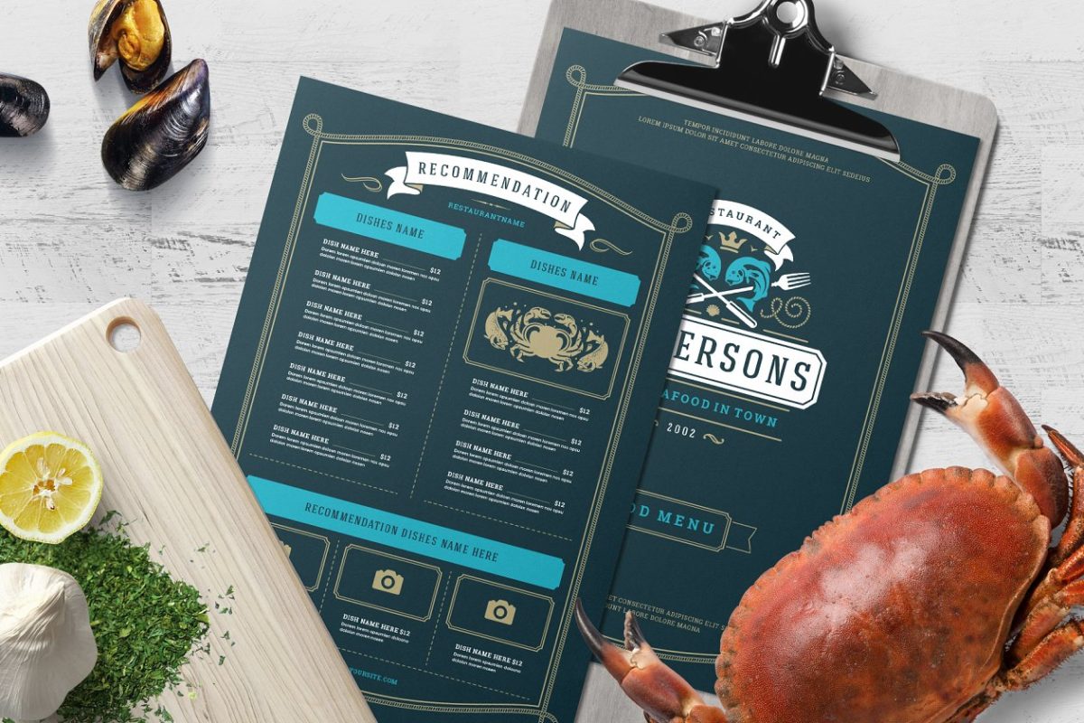 海鲜食物菜单模板和logo Seafood Menu Template and Logo