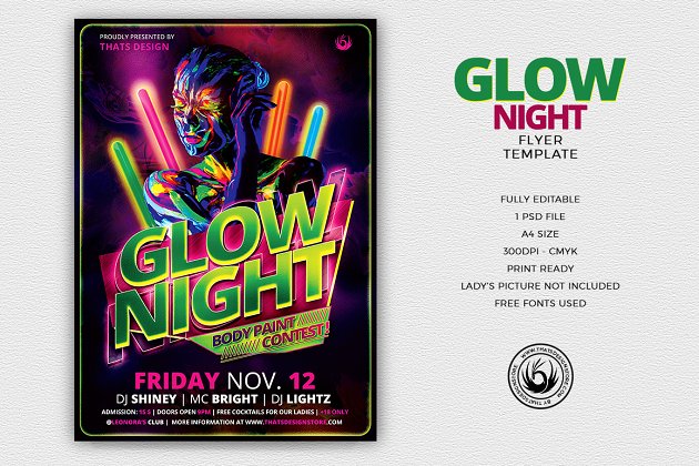 夜店活动海报模版 Glow Night Flyer PSD