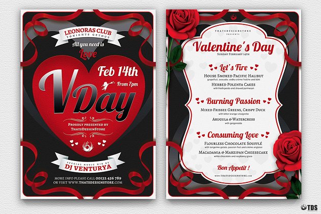 情人节海报菜单PSD模板 Valentines Day Flyer+Menu PSD V8