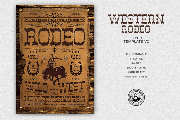 美国西部牛仔怀旧海报模版 Western Rodeo Flyer PSD V2