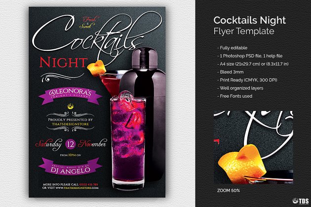 鸡尾酒之夜海报模版 Cocktails Night Flyer PSD