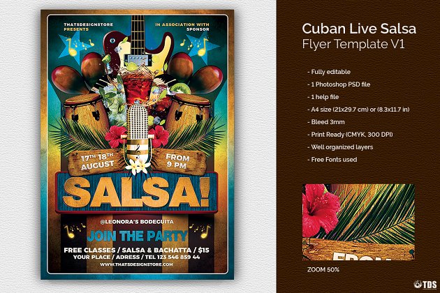 古巴风格的活动海报模版 Cuban Live Salsa Flyer PSD V1