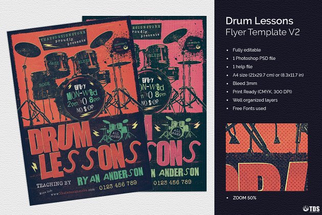 击鼓课程海报模板 Drum Lessons Flyer PSD V2
