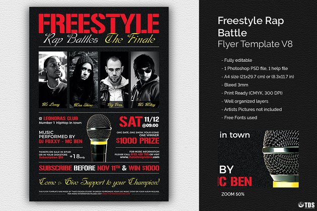 对战海报设计模板 Freestyle Rap Battle Flyer PSD V8
