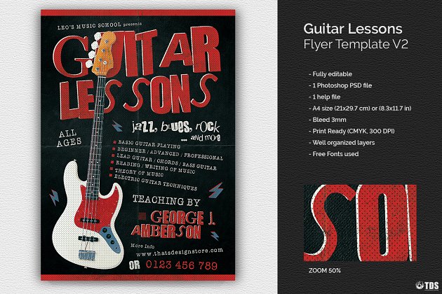 吉他课程传单PSD模板 V2 Guitar Lessons Flyer PSD V2