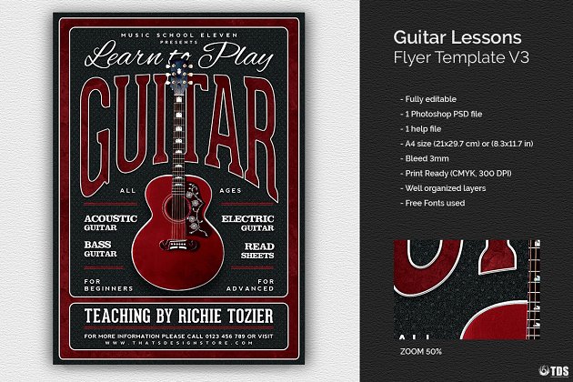 吉他课程传单海报PSD Guitar Lessons Flyer PSD V3