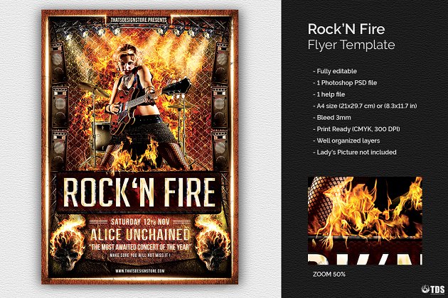 摇滚音乐海报模版 Rock’N Fire Live Flyer PSD