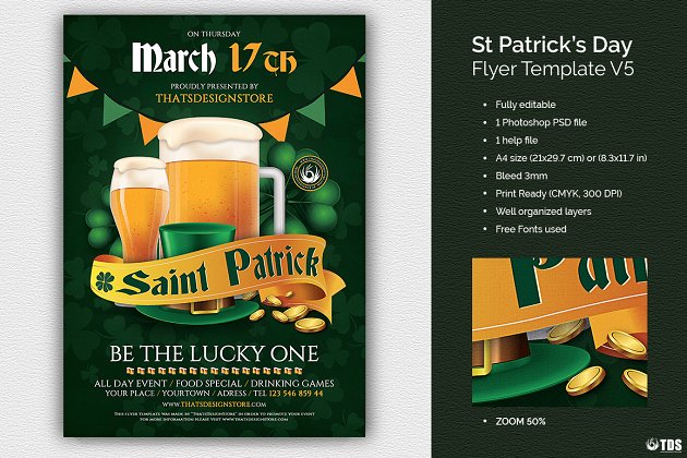 啤酒节氛围海报模版 Saint Patricks Day Flyer PSD V5