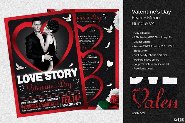 情人节传单+菜单PSD Valentines Day Flyer+Menu PSD V4