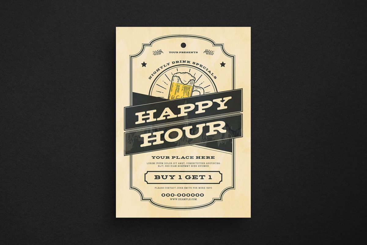 复古欢乐时光啤酒传单模板 Vintage Happy Hour Beer Flyer