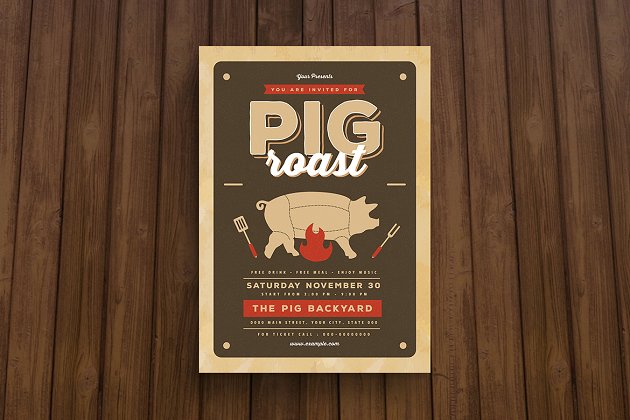 复古烤猪海报图片模板 Pig Roast Flyer