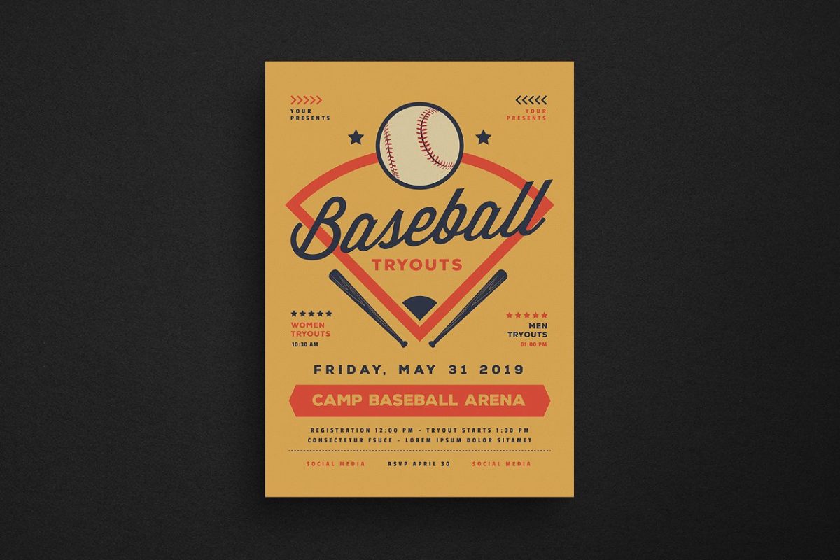 棒球海报设计模板 Baseball Tryouts Flyer