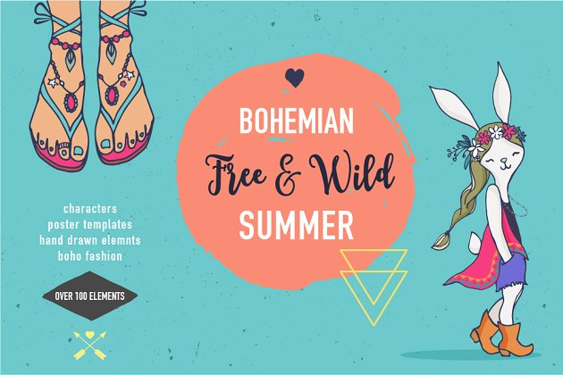 夏天主题的卡通元素素材 Bohemian summer, huge bundle